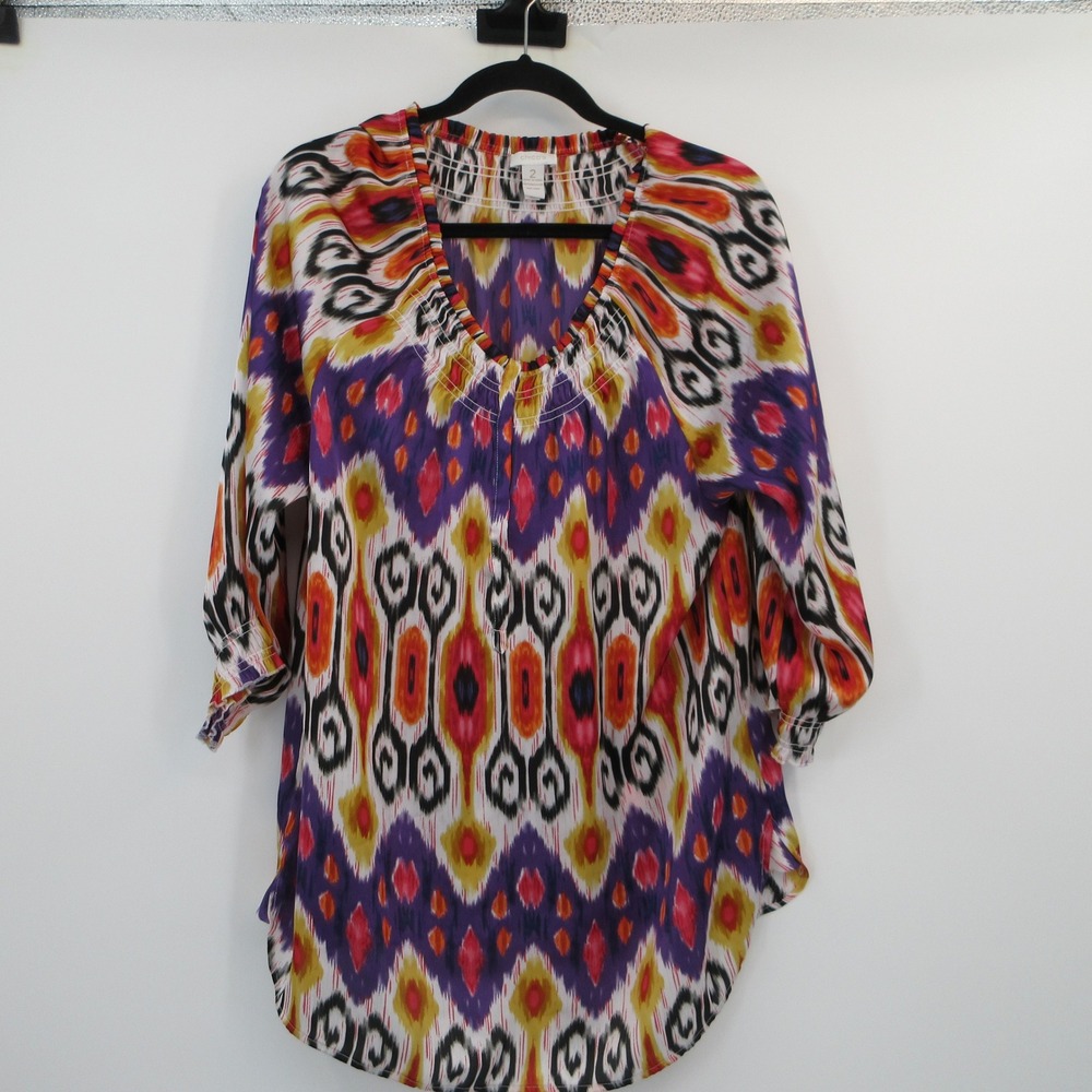Chicos Womens Size 2 Ikat Print Smocked Neck 3/4 Sleeve Tunic Blouse Multicolor